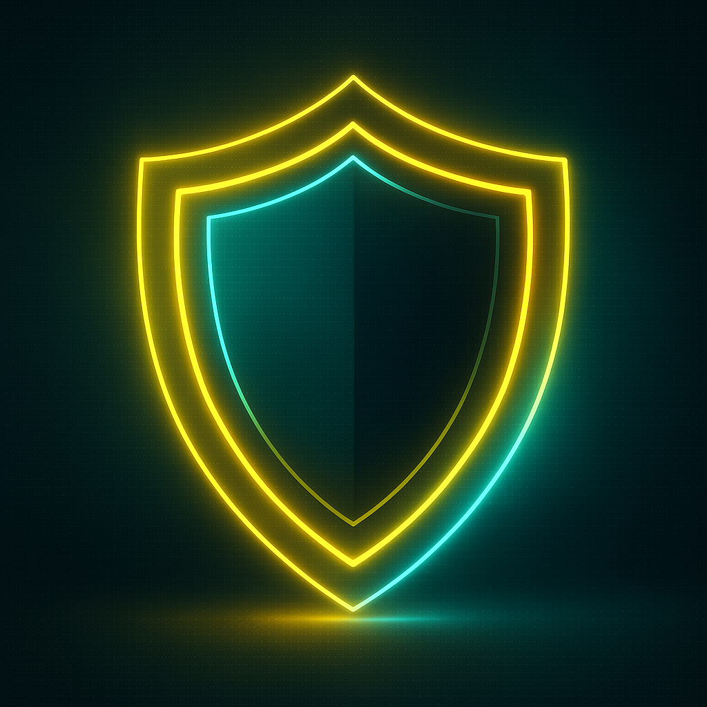 Abstract digital shield with neon yellow and cyan glow, representing advanced security protocols on a dark background